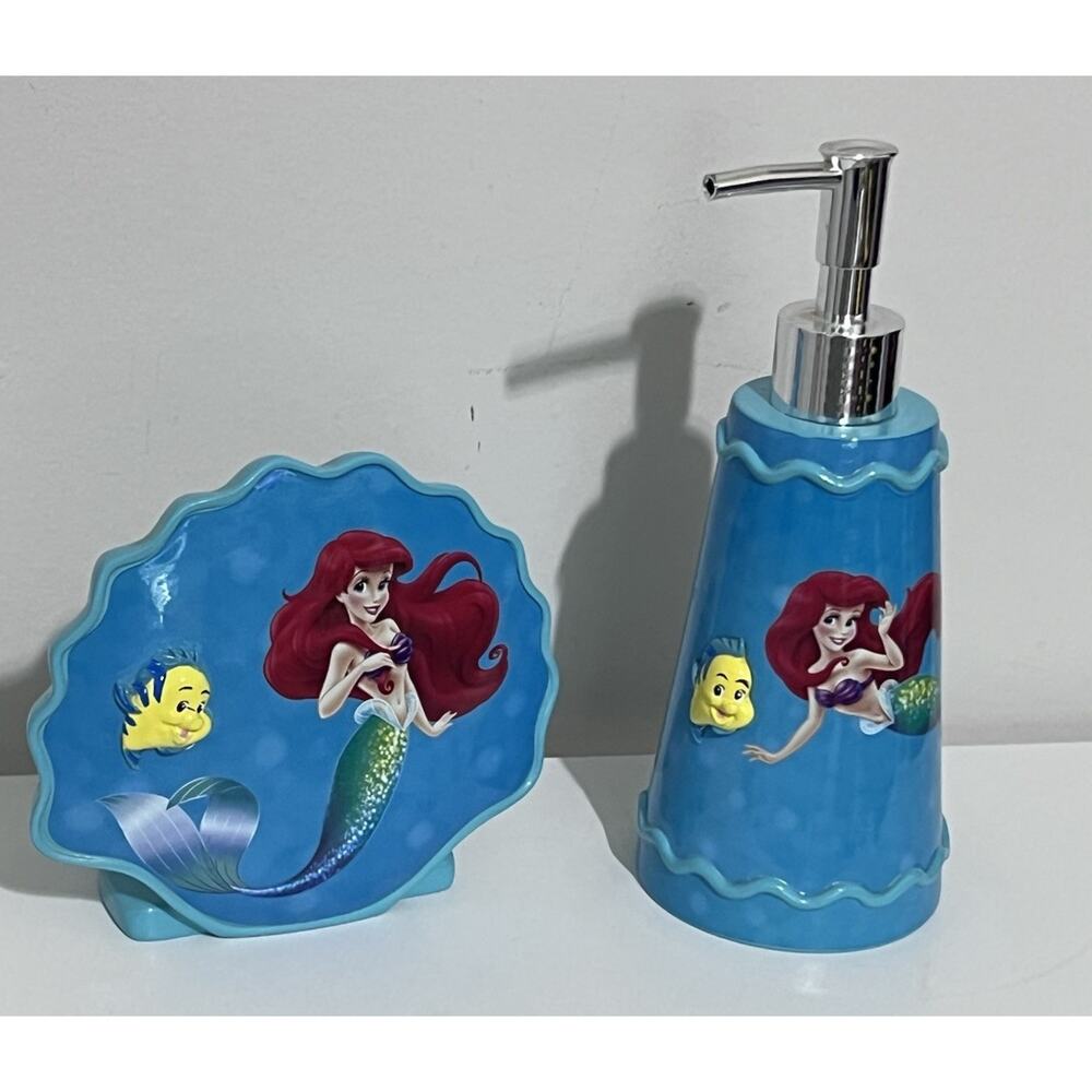 Disney Little Mermaid Lotion/Soap Pump & Toothbrush Holder Set Ariel Flounder
